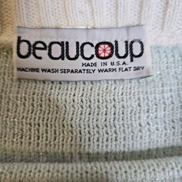 Vintage Beaucoup USA Made Mint Green White Metallic Floral Knit Pullover Sweater - Picture 7 of 12